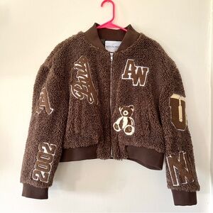 Azalea Wang | Ruela Brown Teddy Patch Plush Varsity Jacket | size Large